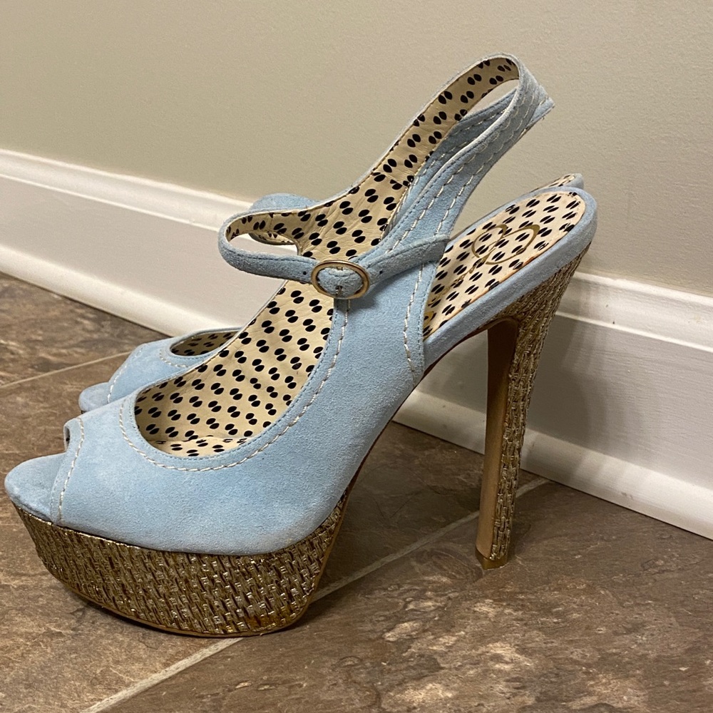 Jessica Simpson Eddy blue suede peep toe heels. - Picture 4 of 15